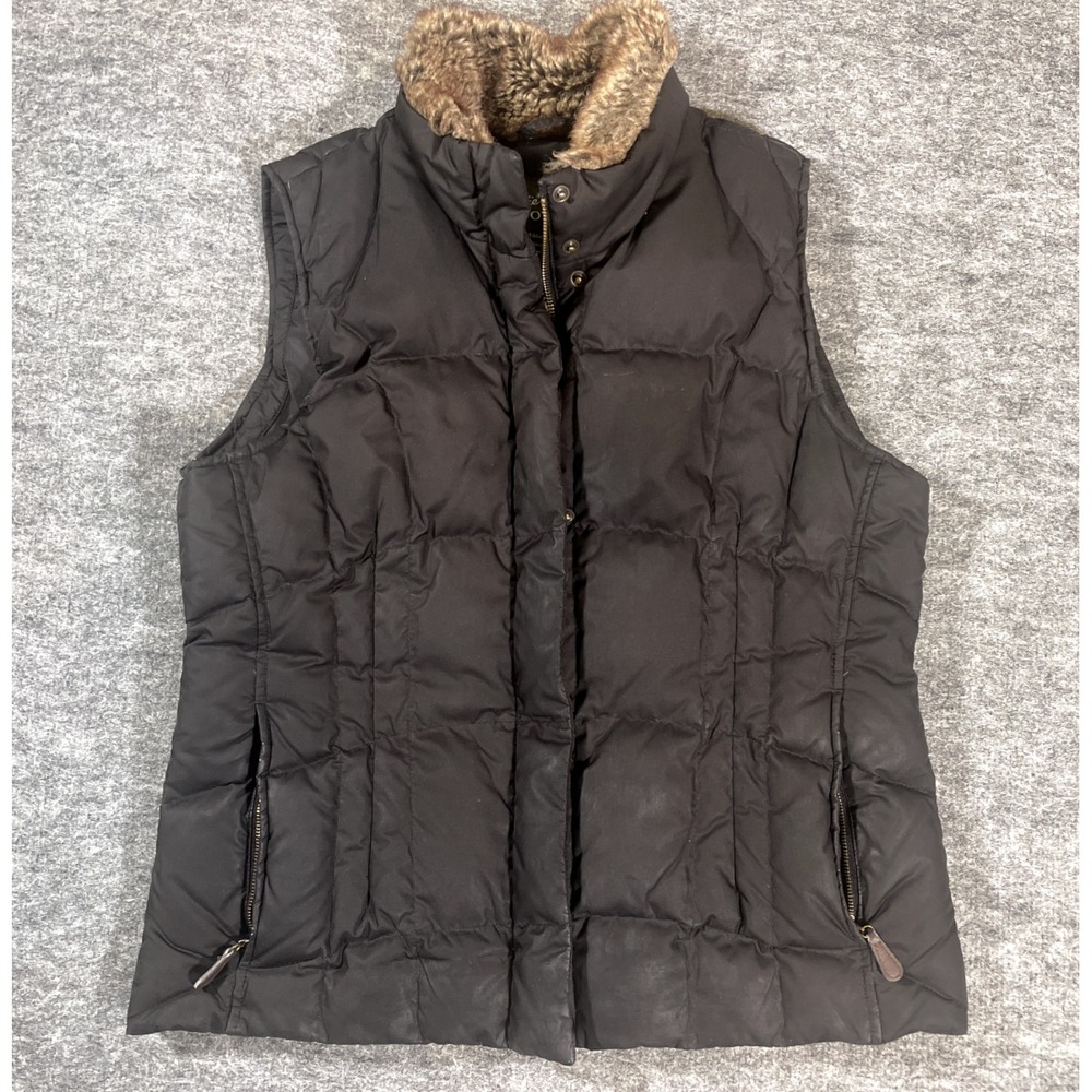 Eddie Bauer Puffer Vest Womens Medium Goose Down Black Quilted Faux Fur Collar